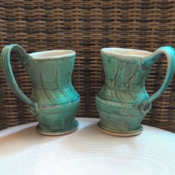Handmade Turquoise Ceramic Textured Coffee Mug Set Artist Signed Pottery Cups - Picture 1 of 9